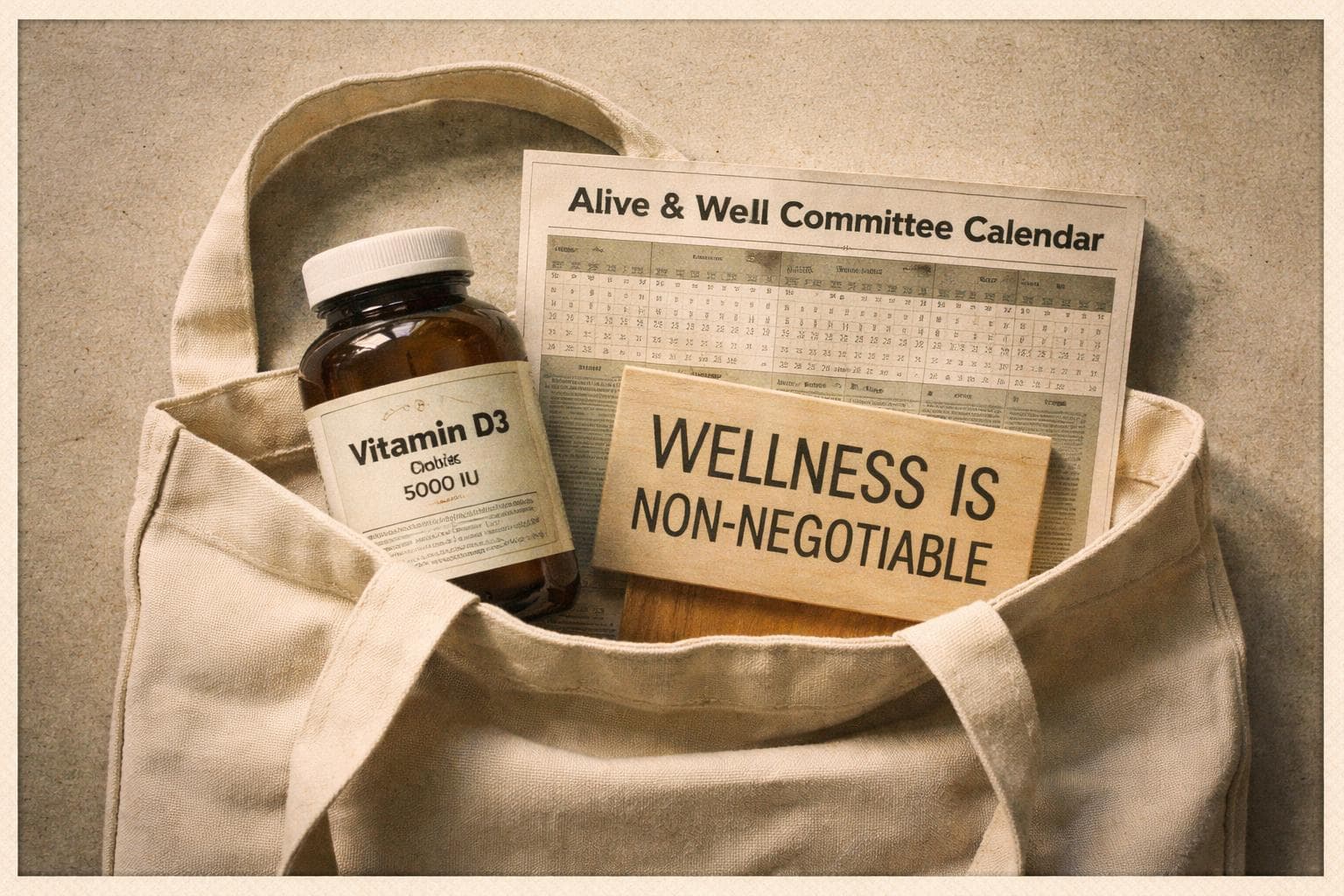 A display of Alive & Well PAC's signature member welcome kit: a branded canvas tote containing a 90-count bottle of Vitamin D3, a laminated committee calendar, and a small placard reading 'Wellness Is Non-Negotiable.'