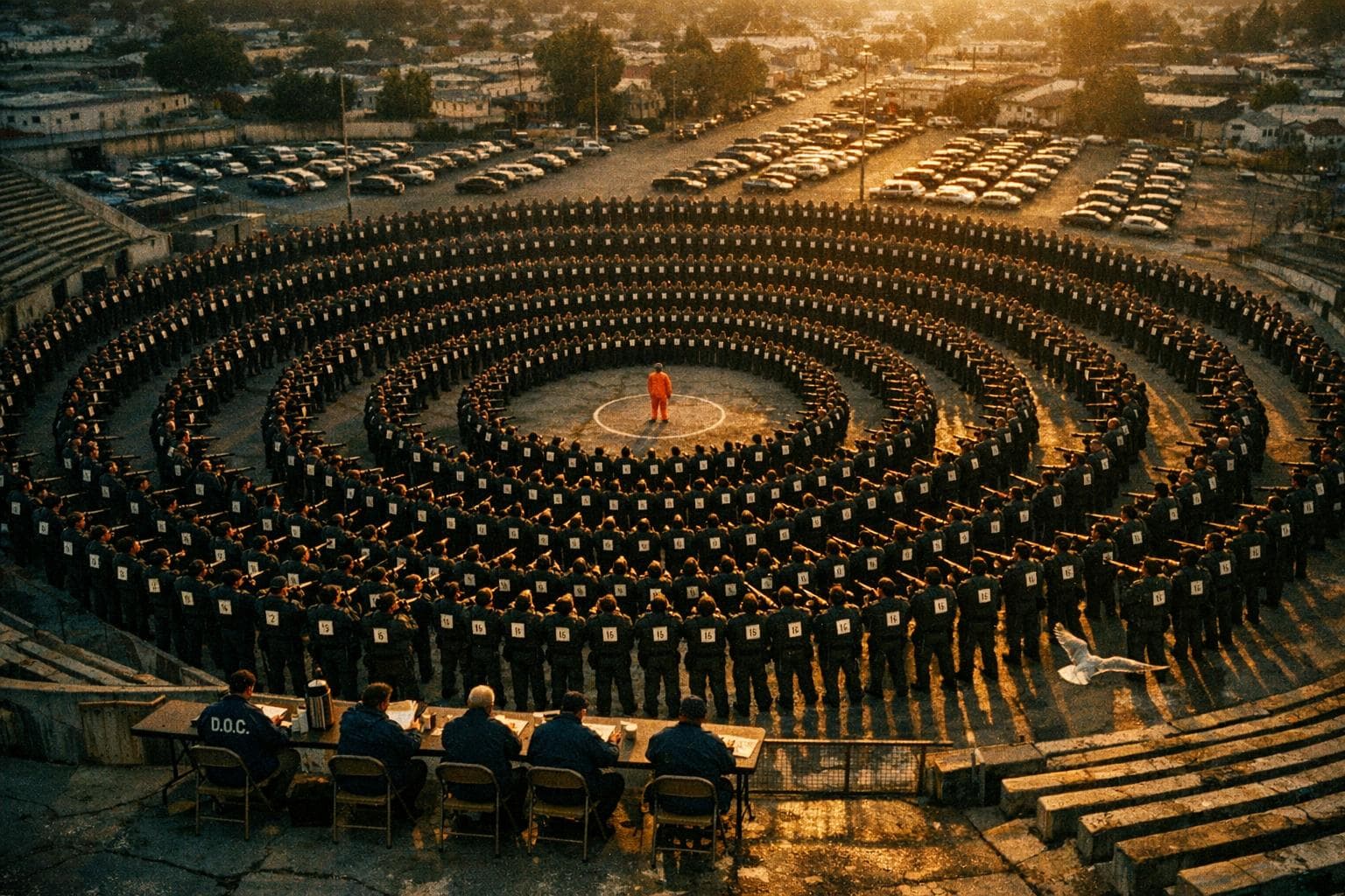 A condemned prisoner stands at the center of concentric rings of riflemen at the Commonwealth Municipal Amphitheater, each ring trained on the ring before it, while Department of Corrections personnel monitor from folding tables at the formation's edge.