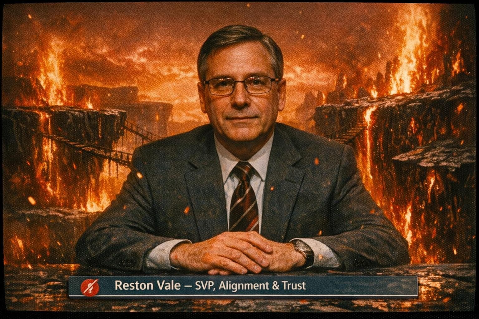 DepthMind Pro SVP Reston Vale, appearing via video call from a location of indeterminate geography, fields questions about artificial intelligence risk assessment while seated before a churning orange sky, floating obsidian plateaus, and active lava flows.