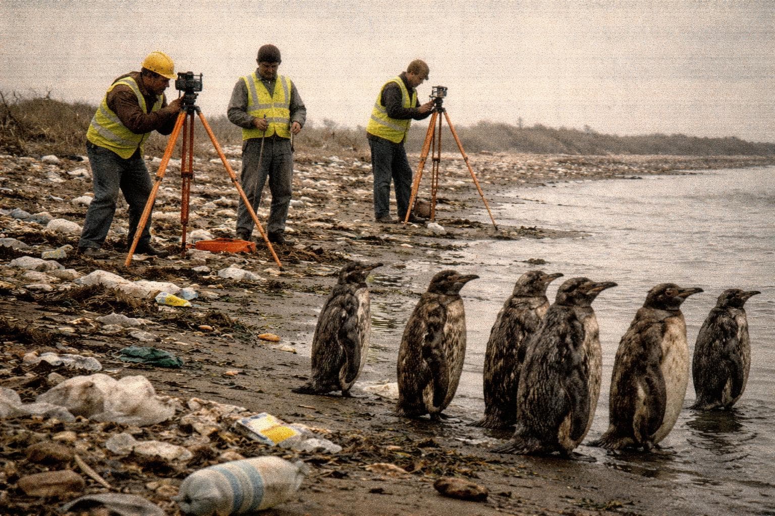 A flock of Trash Penguins stands on the northeastern edge of Trash Island on Wednesday as a surveying crew prepares to establish grade lines for the proposed Drift Point Commons development.