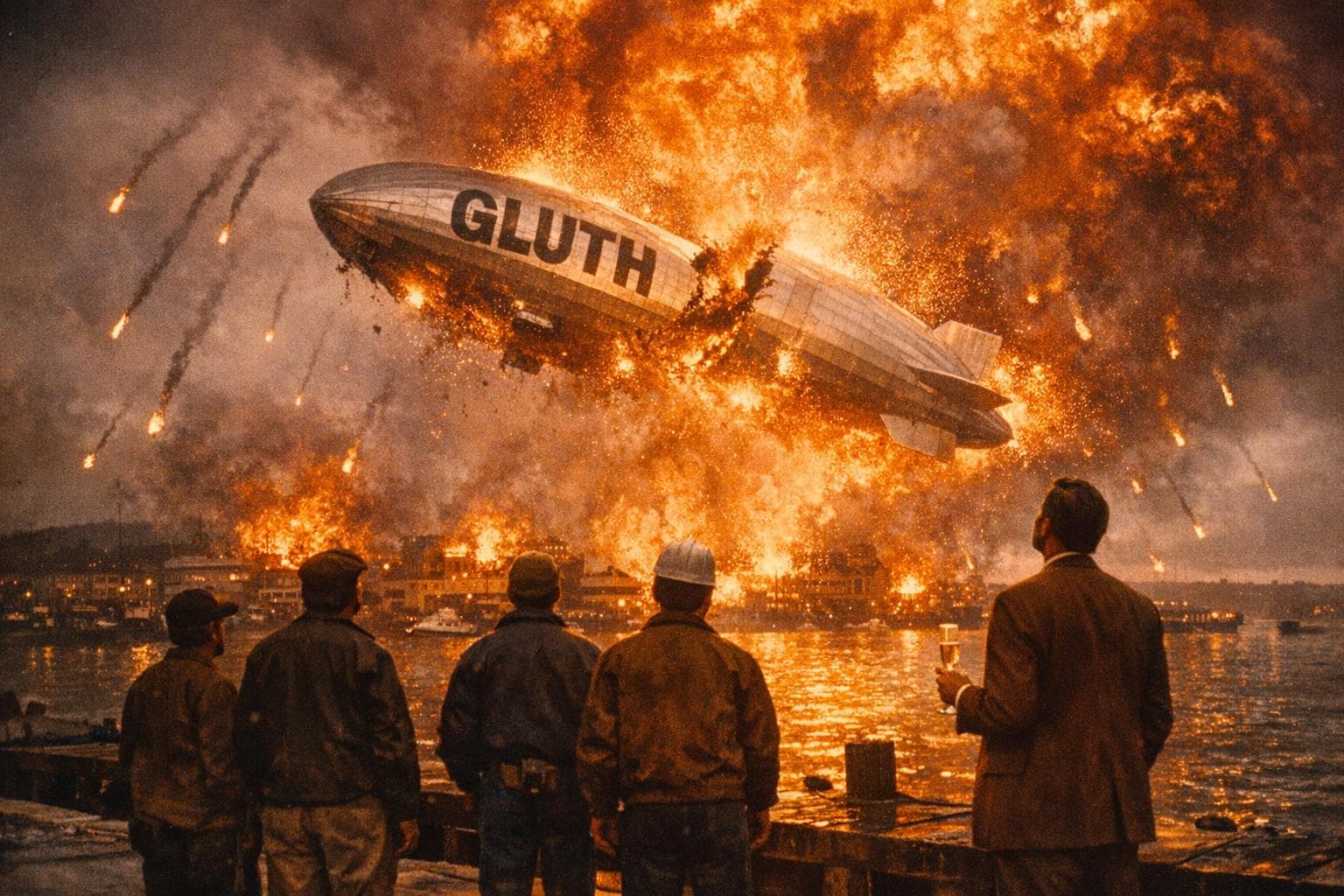 The USS Terrence Gluth fractures and ignites above Gnu Harbor during its maiden voyage, as dockworkers and officials observe from the pier.