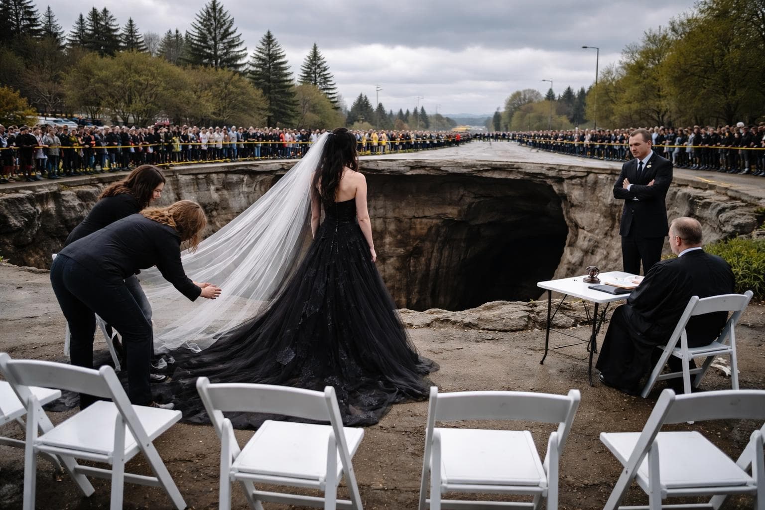 Cassandra Teller-Vaux and Brody Vaux at the eastern rim of the Third Street Sinkhole following the signing of dissolution papers on Friday. Ms. Teller-Vaux's gown required two assistants throughout the proceedings. Brenda Kowalski is visible at left.