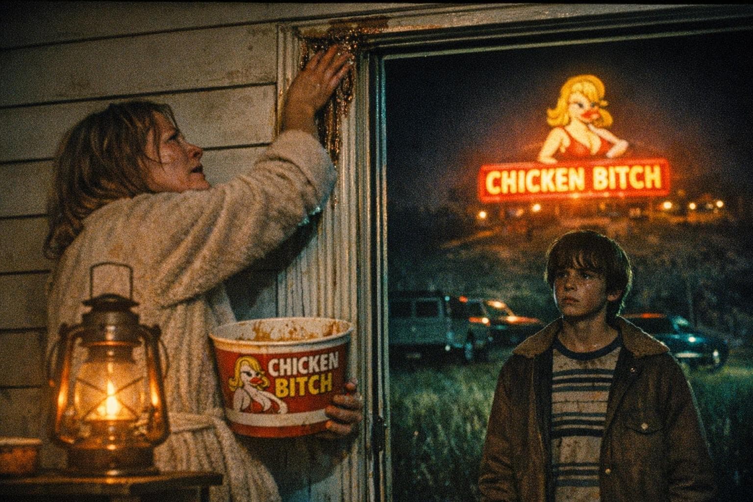 A mother applies rotisserie grease to her doorframe by lantern light while her second-born son watches as the Chicken Bitch Ranch sign glows on the hillside behind their home.