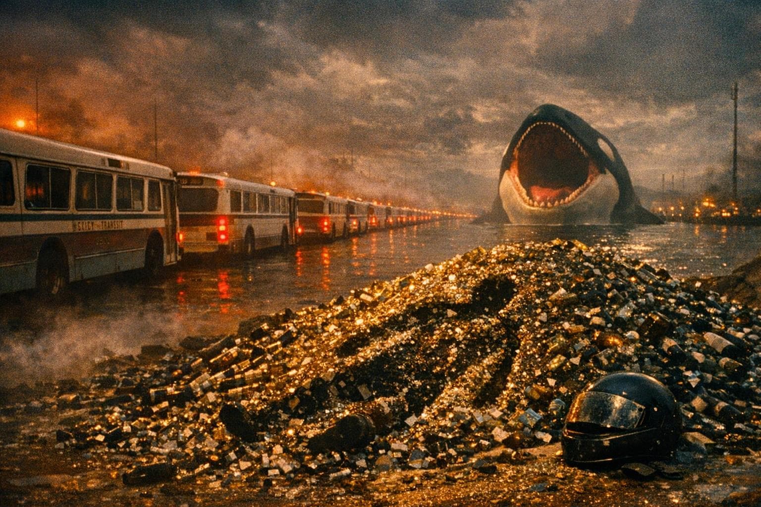 Frankie 'Of Unsound Mind' Tanner's motorcycle helmet rests beside a human-shaped impression in broken beer bottles at the entrance to the municipal bus depot, where the city's entire transit fleet waits in perfect alignment toward the harbor.