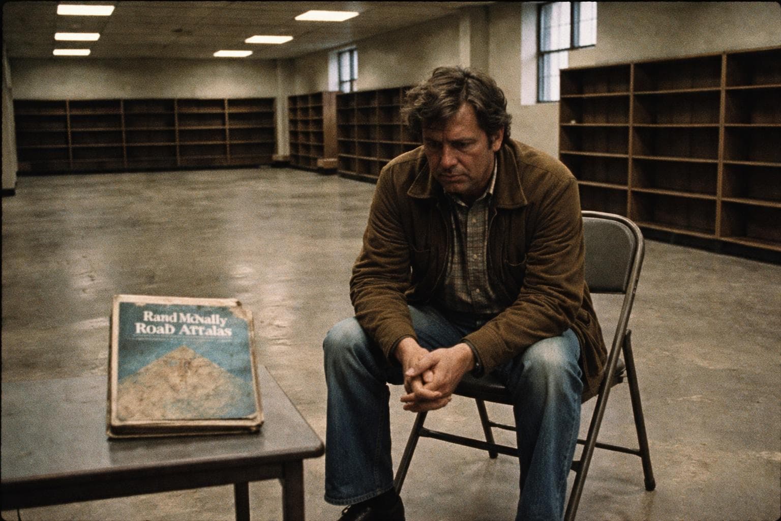 Gerald sits in the folding chair on the ground floor of the Gnu Public Library on Thursday. The 1987 Rand McNally road atlas is visible on the table to his left.