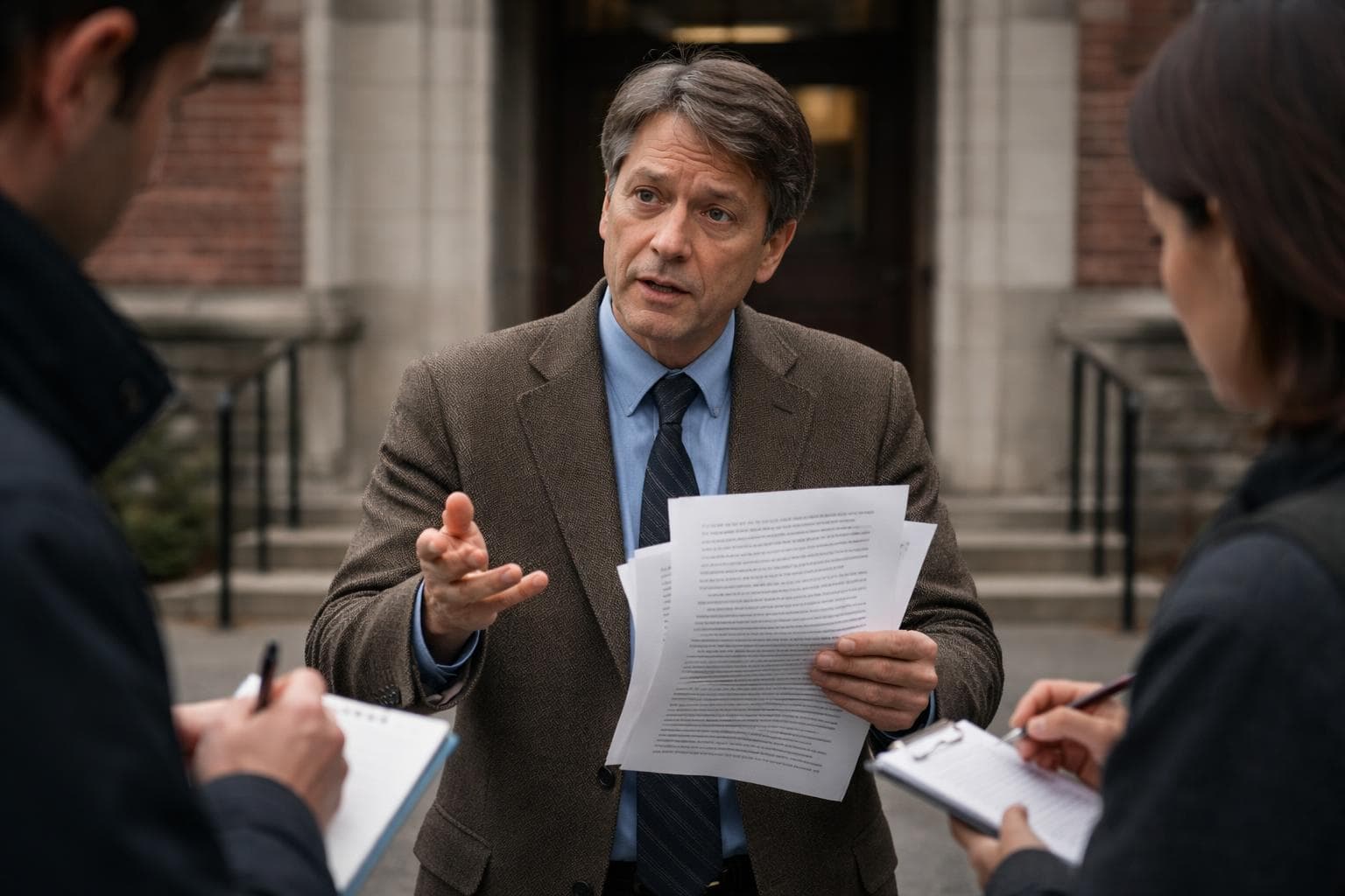 Professor Aldous Kine speaks to reporters outside Whitmore Hall on Wednesday, holding a copy of his open letter on academic freedom.