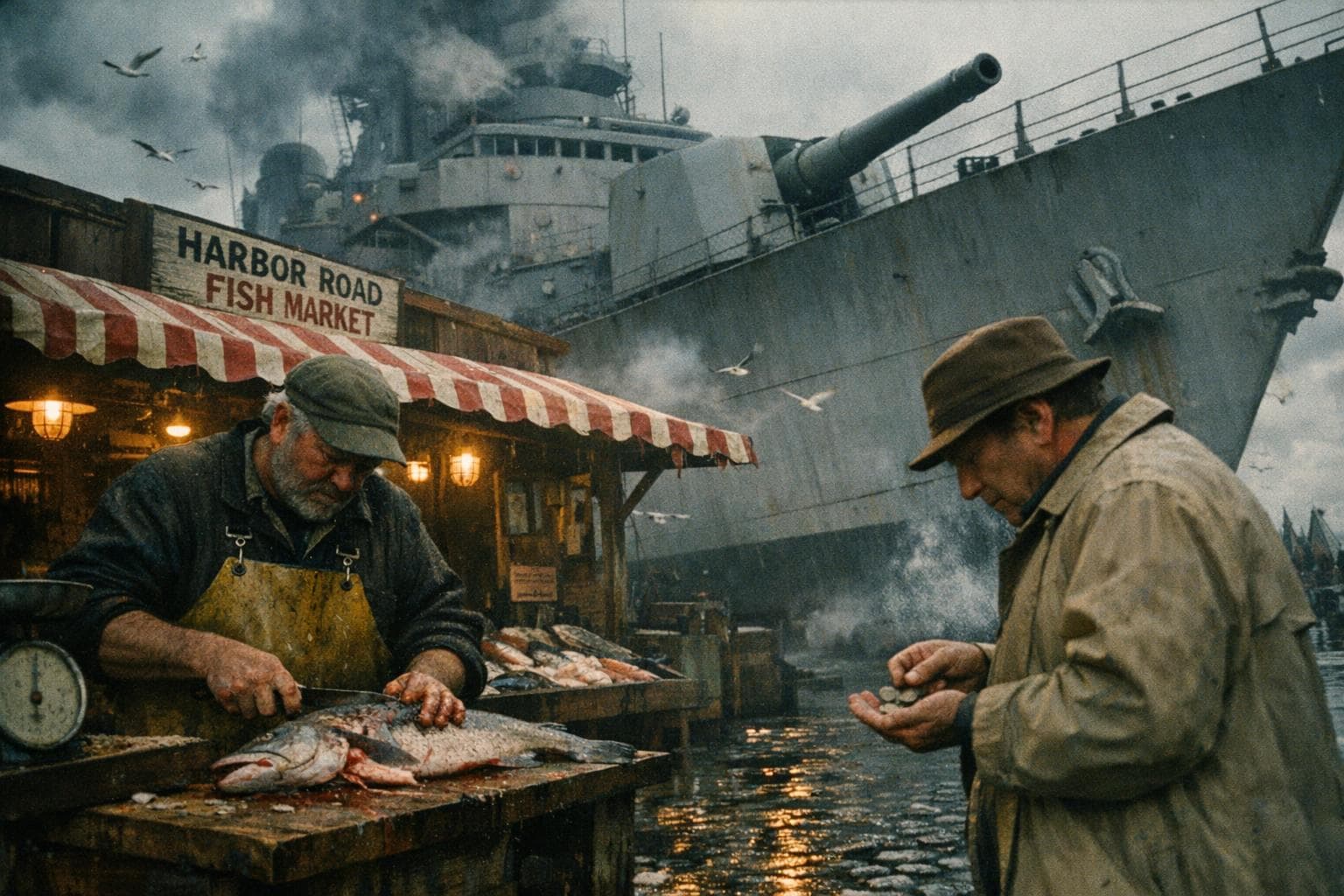 A Greenlandic naval destroyer positions itself directly above a Harbor Road fish market while vendors continue their morning sales.