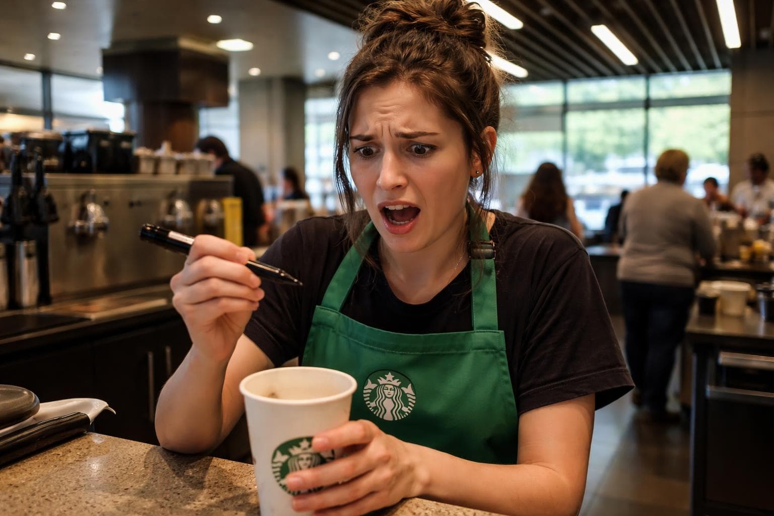 A Starbucks barista writes a name on a cup at the Harbor Approach Road location on Tuesday morning.