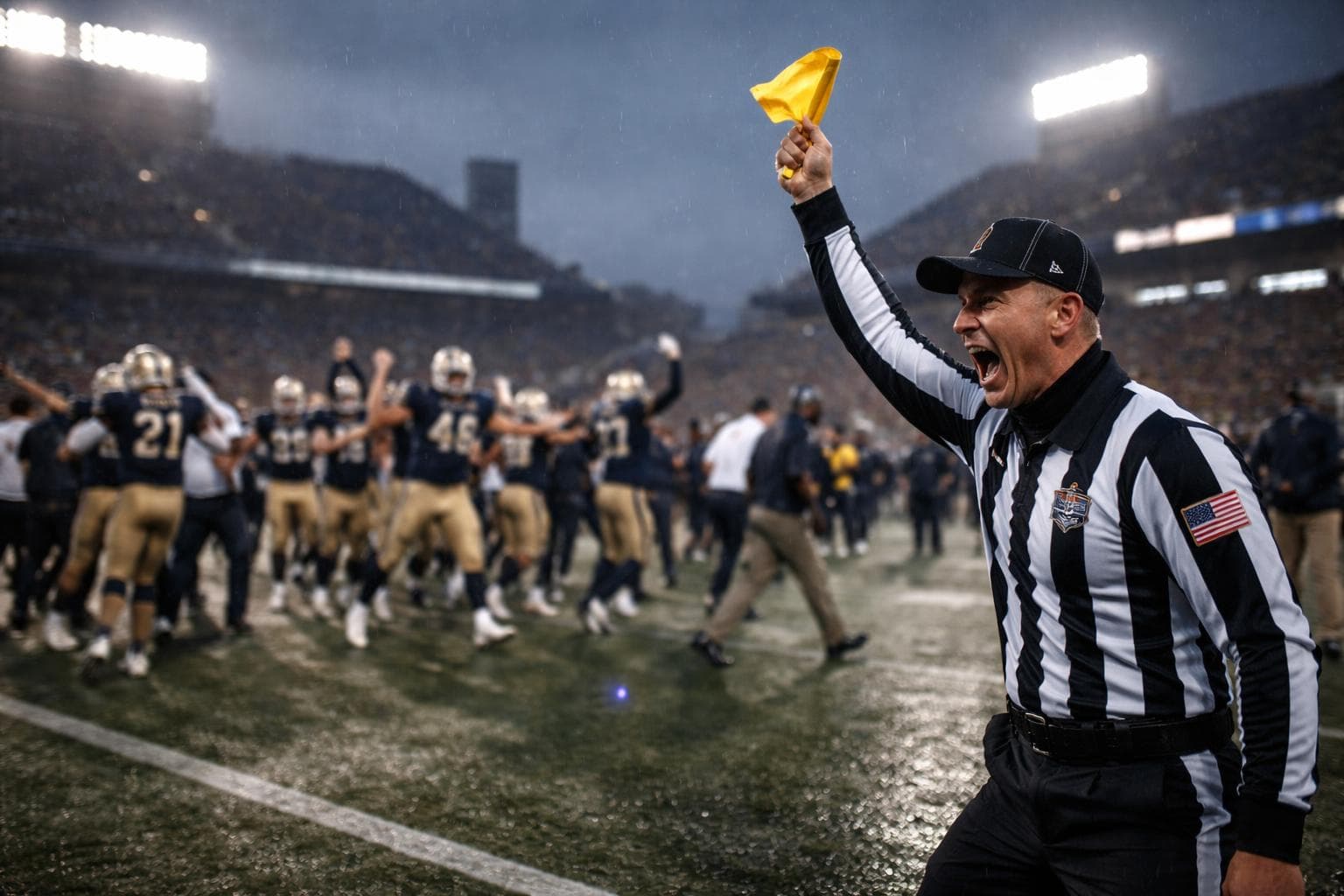 A wide-angle stadium photograph capturing the moment immediately after the AFC Championship victory, with New Newmanton Nudes players in navy and gold uniforms celebrating across the wet turf under gray overhead lights; a visibly furious line judge in sharp focus holds a bright yellow penalty flag aloft, mouth agape in mid-scream, while blurred background shows scattered stadium personnel reacting with alarm and fear, some fleeing from the scene with a pixelated blurry skin-colored mascot in the center