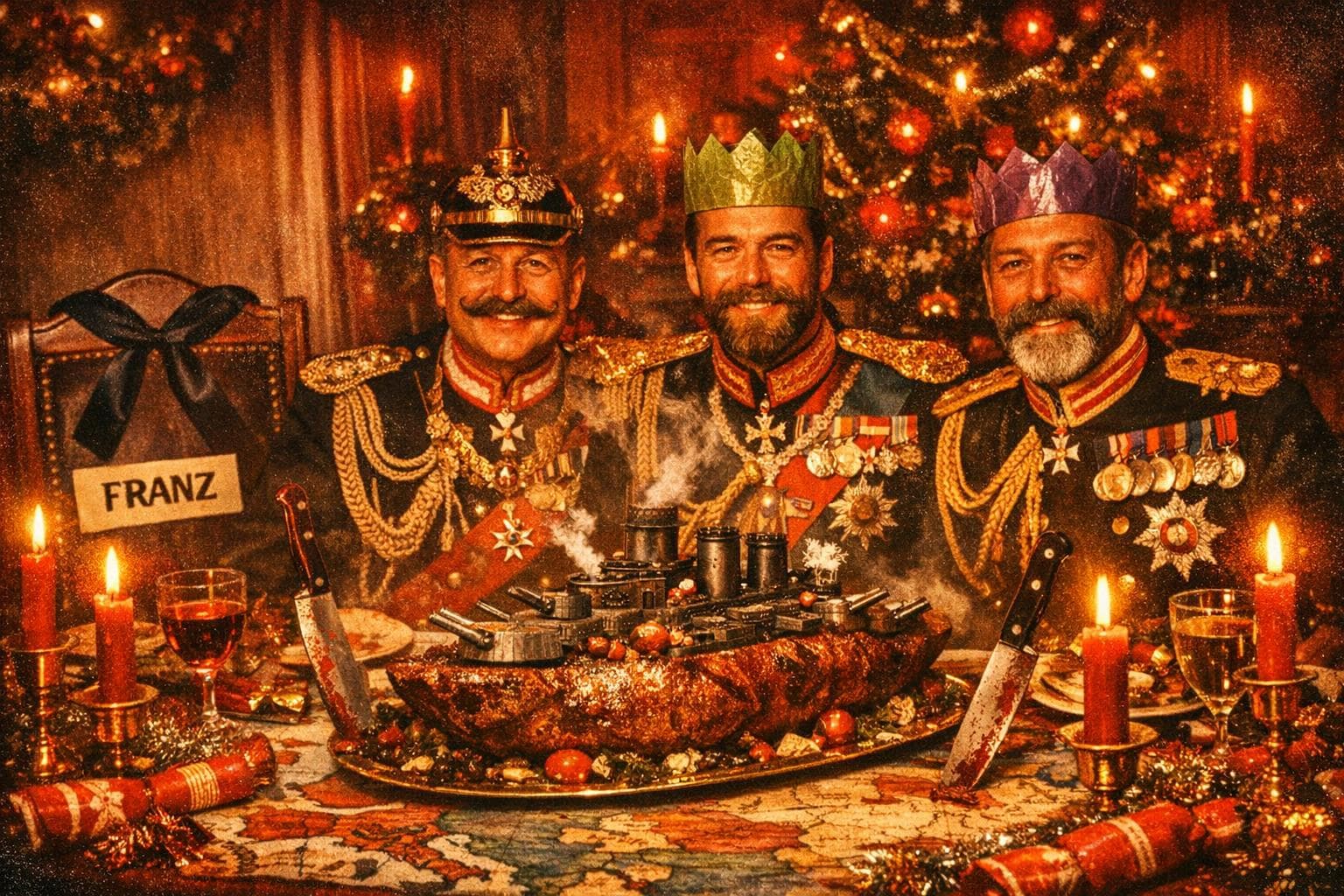 Kaiser Wilhelm, Tsar Nicholas, and King George V pose for a Christmas portrait in full dress uniform and paper crowns, a carved battleship centerpiece steaming between them as carving knives pierce a tablecloth map of Europe, an empty chair draped in black ribbon marking Franz's absence.