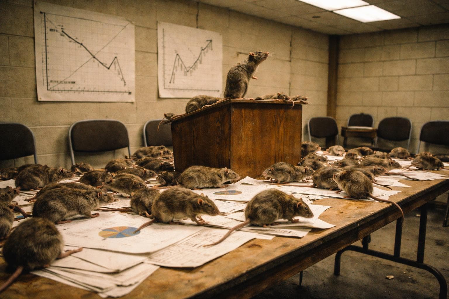 A group of Gnu Rat Coalition members at the Rat Coalition's Office of Civic Advancement present the Sufficiency Standard quarterly report at a public session in the Underbrick District on Wednesday.