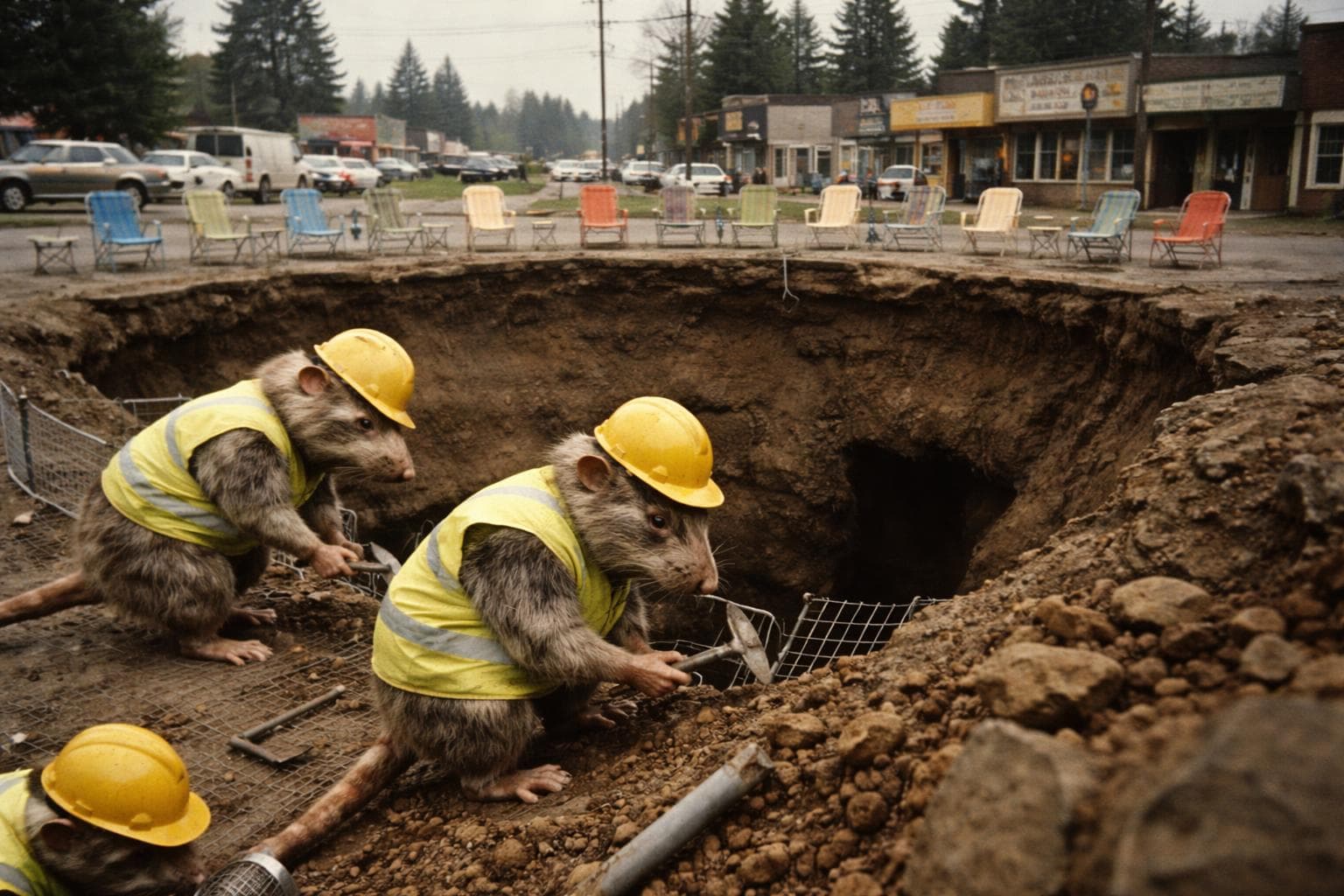 Members of the Rat Coalition conduct repair work along the eastern wall of the Third Street Sinkhole on Wednesday, as Brenda Kowalski's lawn chairs remain undisturbed in the background.
