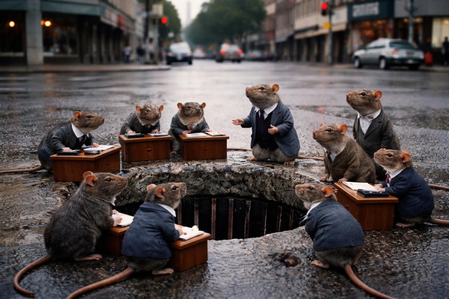 Members of the New Newmanton Rat Cooperative's Fourth Ward delegation gather near the storm drain at the intersection of Fourth and Merchant Streets on Wednesday.