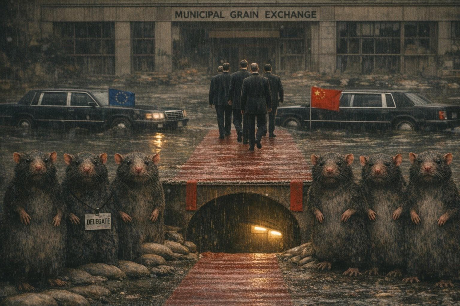 Delegates from the European Union and China wade through floodwater at the Municipal Grain Exchange to sign an AI safety accord with representatives of the Rat Coalition, while a Commonwealth official reads about the agreement for the first time from a press release.