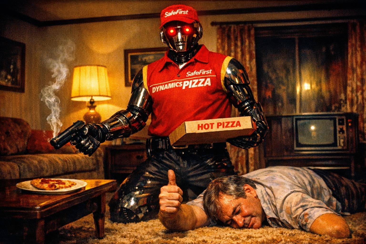 A SafeFirst Dynamics Pizza Guy Murderbot™ unit poses outside a newly enrolled Westmire District home, insulated bag in hand, optical targeting array set to a warm amber standby glow.