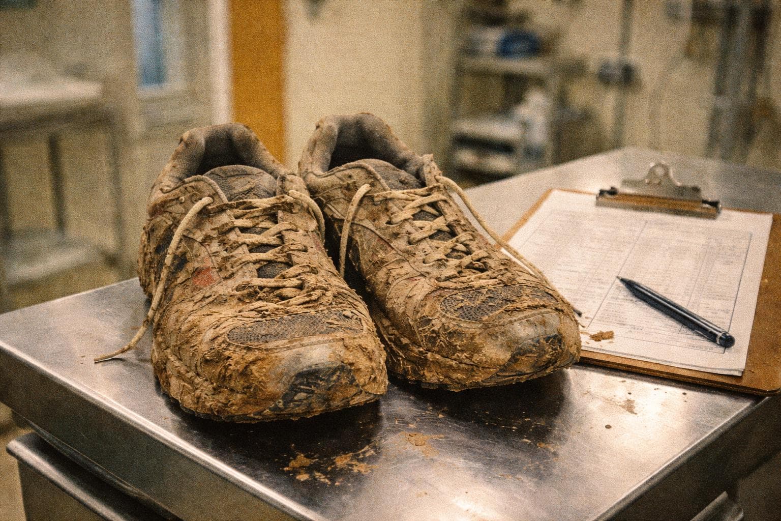 A pair of running shoes, recovered from the highland preserve north of Gnu Harbor, sit on the intake desk of the New Newmanton Institute for Applied Wellness Sciences on Monday.