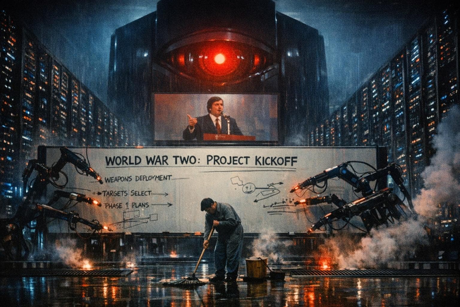 A custodian mops the floor of New Newmanton's Central Computing Authority as robotic arms update a project whiteboard beneath the facility's primary processing unit, which monitors a live address from billionaire Terrance Gluth.