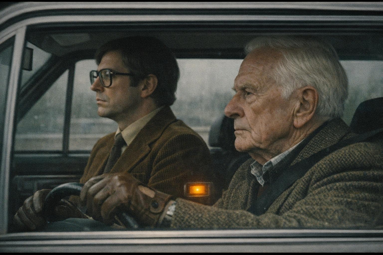 An elderly motorist in a tweed jacket maintains absolute composure at the wheel of his saloon while his passenger, dressed in an oversized corduroy suit, sits rigidly beside him with hands pressed flat to his knees.