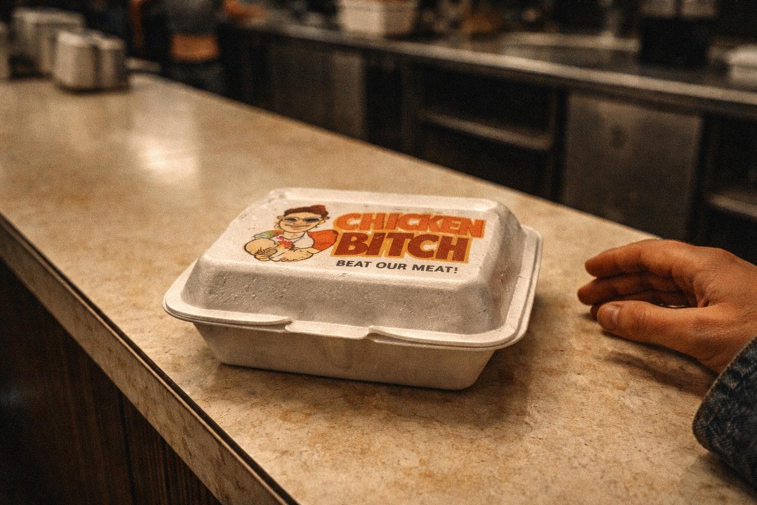 A to-go box bearing the Chicken Bitch logo sits on a Formica counter. The box is slightly damp. The logo is unapologetic.