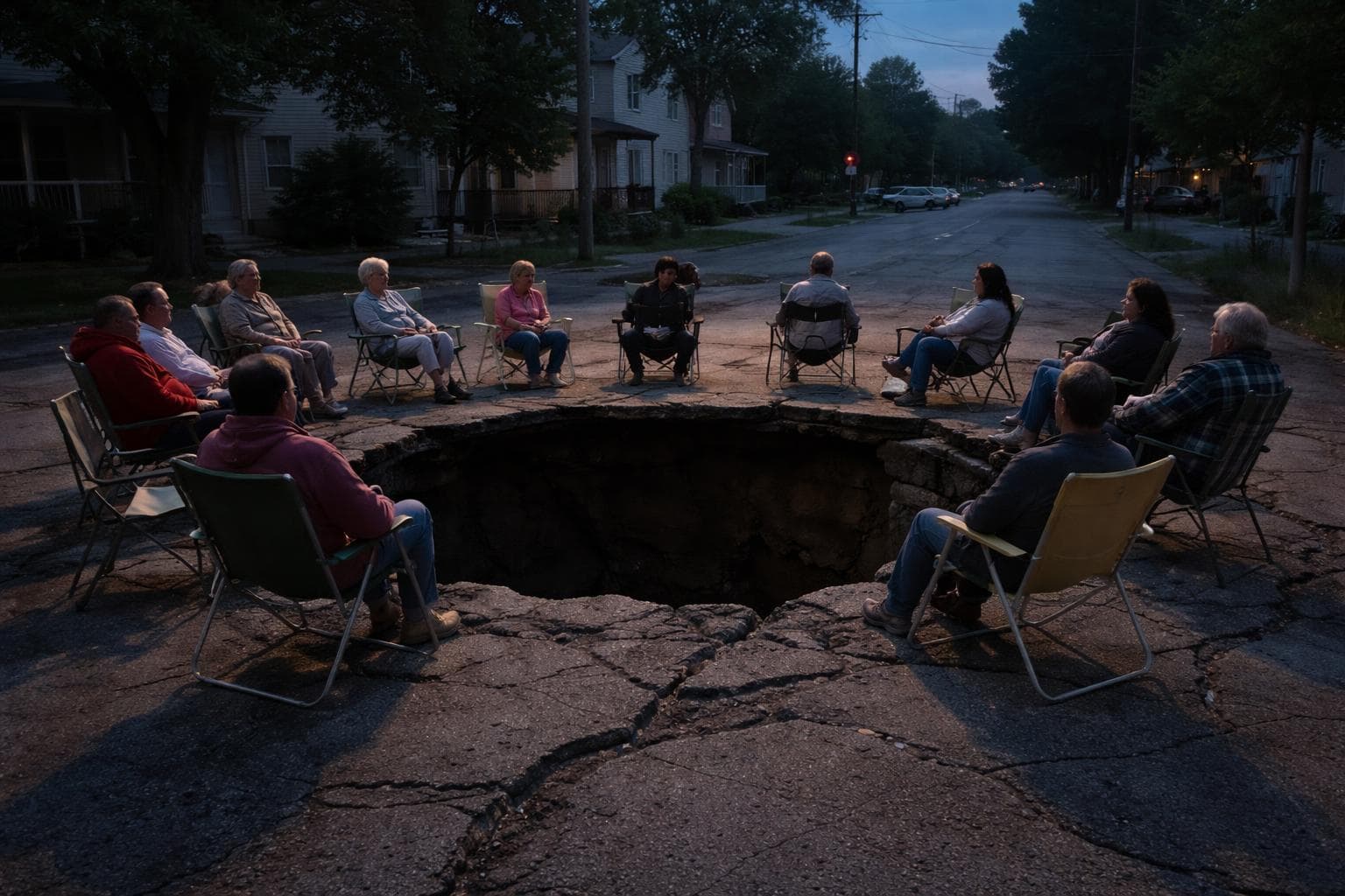A circle of mismatched lawn chairs arranged around the perimeter of a dark, gaping sinkhole on Third Street at dusk, with overcast skies overhead. Several residents sit quietly in their chairs facing the opening, some looking down into the hole with expressions of curiosity and bemusement, while others gaze upward or toward each other. The surrounding pavement is cracked and worn, typical New Newmanton municipal infrastructure, with Elm Street visible in the soft evening light. The composition emphasizes the surreal gathering—ordinary people in everyday chairs, waiting and listening to something impossible.