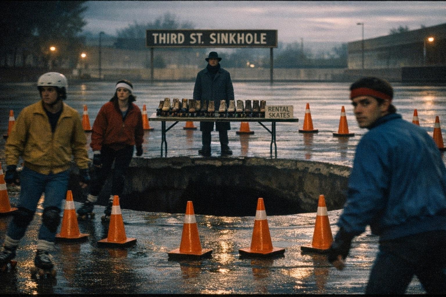 Skaters circle the perimeter of the Third Street Sinkhole during Tuesday evening's session, with rental skates visible on a folding table in the background.