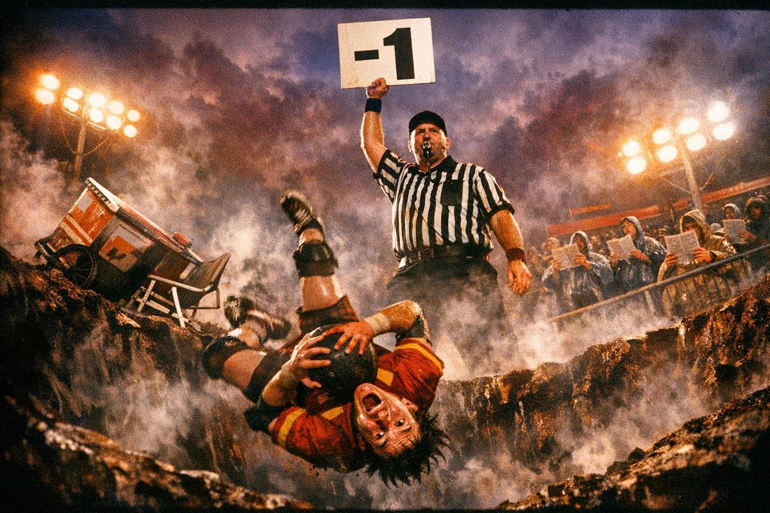 Referee Marcus Gill maintains composure at the opening whistle of the Third Street Sinkhole's inaugural Sinkhole Ball match as Player 7 descends into the crater, regulation rubber ball secured.