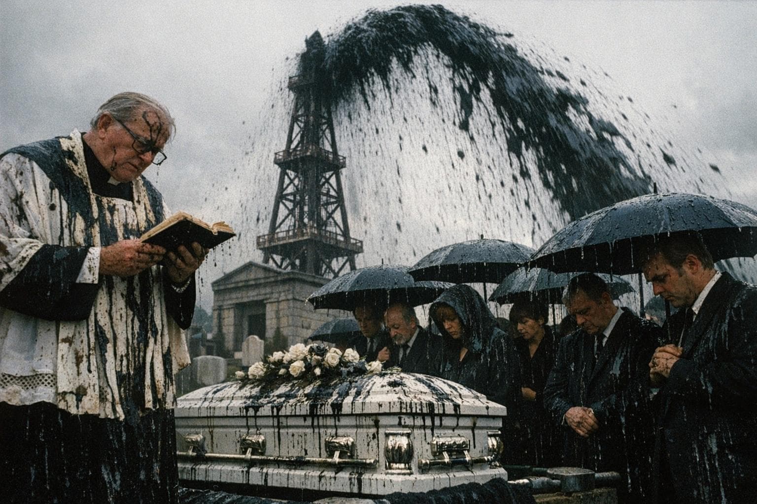 A funeral service at Restfield Cemetery proceeds as an oil derrick operated by Total Bastard Oil erupts behind the gathered mourners, spraying crude across the casket and attendees.
