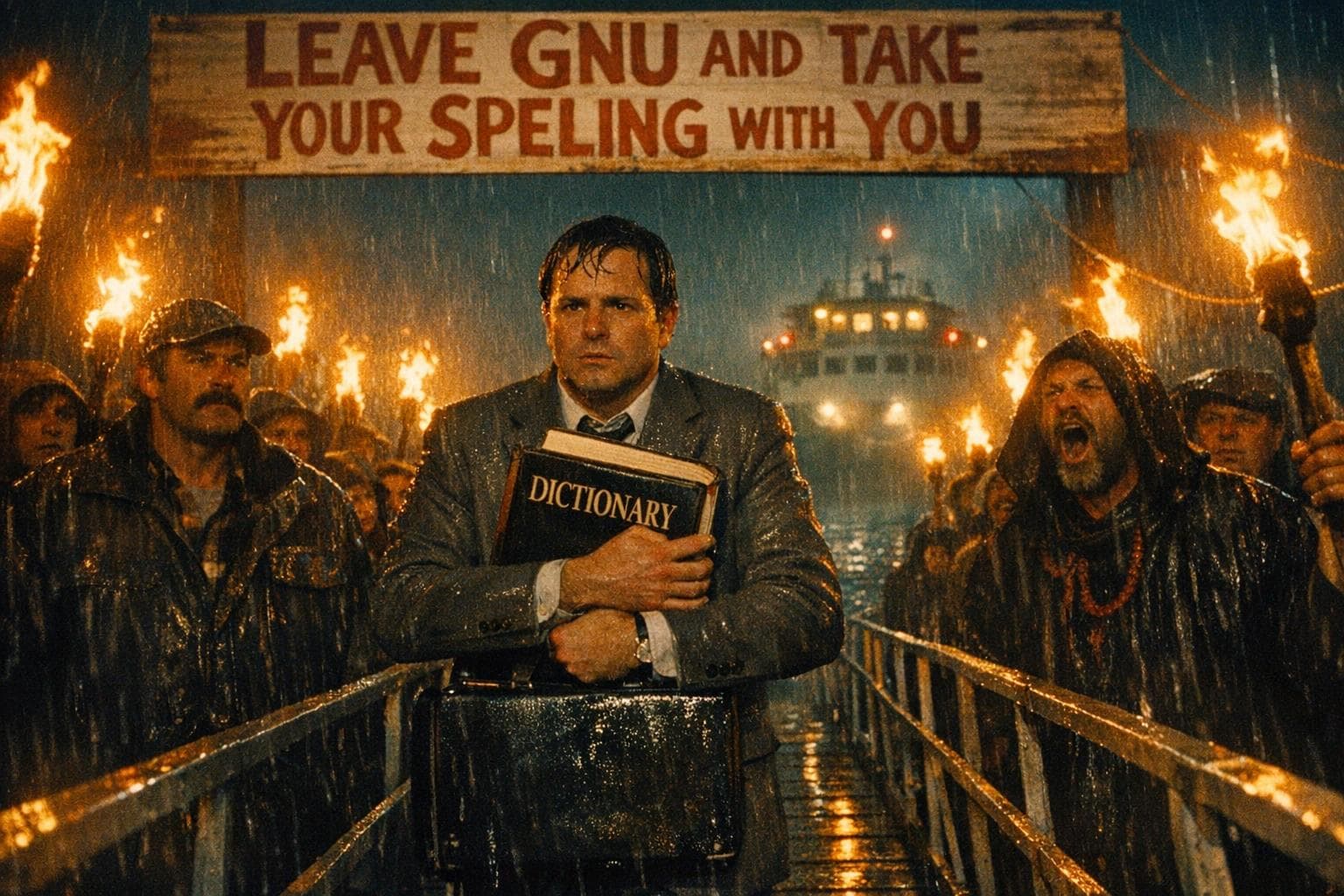 A man clutching a dictionary is escorted down a rain-slicked gangplank by torch-bearing townspeople, including Shawn Pilsbury, as the ferry disappears into fog behind him.