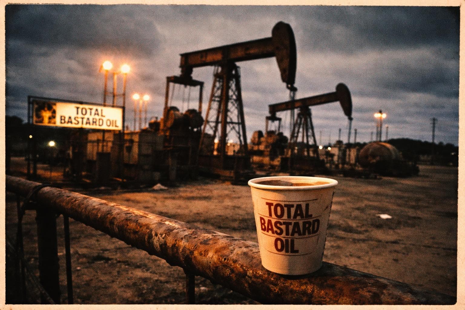 A Total Bastard Oil pump station at dusk, lit in amber. No employees are visible. A complimentary mug sits on the railing.